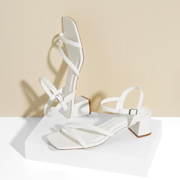 Women's White Sandals 1.97 inch Low Chunky Block Heels Square Open Toe w Strap - Picture 7 of 7